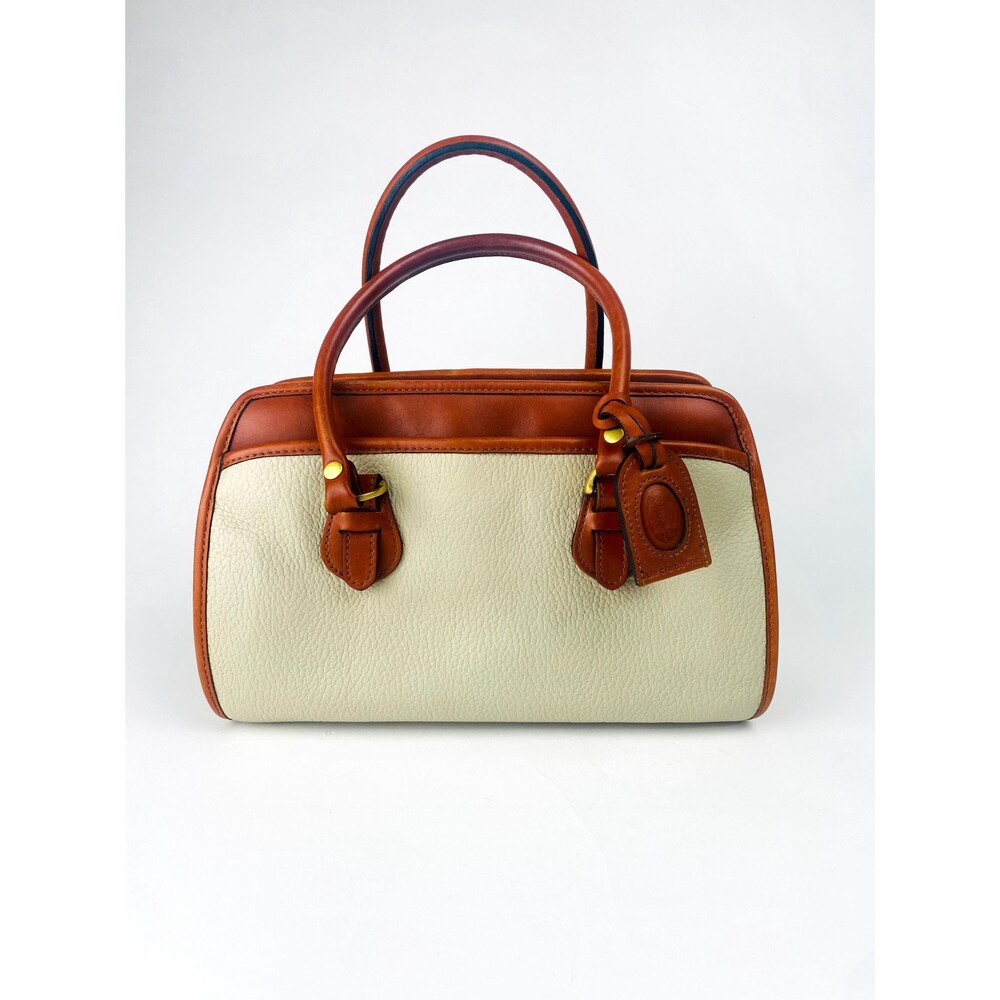 Vintage Liz Claiborne Pebbled Leather Satchel Bag Cream Brown Doctor Handbag 80s